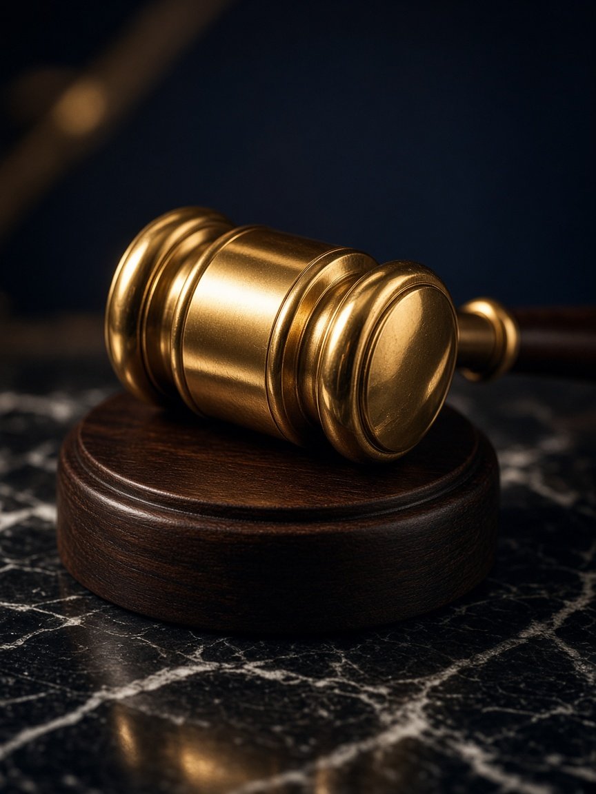 Polished brass gavel on dark marble